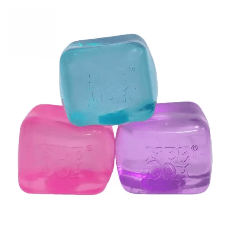 Needoh Nice Cubes in pink, blue, and purple